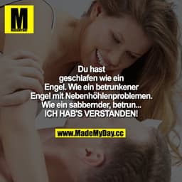 „Du hast geschlafen wie ein Engel. Wie ein betrunkener Engel mit Nebenhöhlenproblemen. Wie ein sabbernder, betrun..."
„I