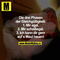 Die drei Phasen der Gleichgültigkeit:
1. Mir egal.
2. Mir scheißegal.
3. Ich kann dir gern aufs Maul hauen!
