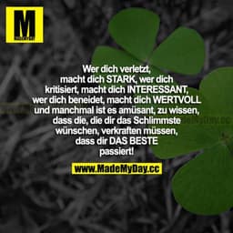 Wer dich verletzt, macht dich STARK, wer dich kritisiert, macht dich INTERESSANT, wer dich beneidet, macht dich WERTVOLL