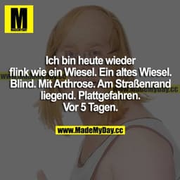 Ich bin heute wieder flink wie ein Wiesel. Ein altes Wiesel. Blind. Mit Arthrose. Am Straßenrand liegend. Plattgefahren.