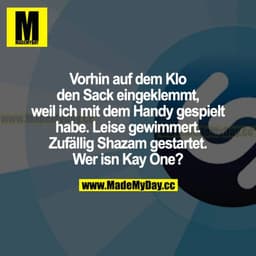 Vorhin auf dem Klo den Sack eingeklemmt, weil ich mit dem Handy gespielt habe. Leise gewimmert. Zufällig Shazam gestarte