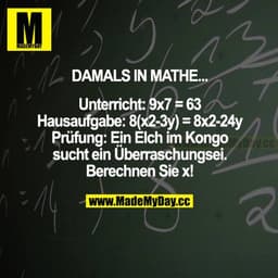DAMALS IN MATHE...
Unterricht: 9x7 = 63
Hausaufgabe: 8(x2-3y) = 8x2-24y
Prüfung: Ein Elch im Kongo sucht ein Überraschun