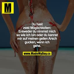 Du hast zwei Möglichkeiten: Entweder du nimmst mich so wie ich bin oder du kannst mir auf meinen geilen Arsch gucken, we