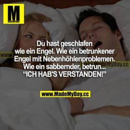 Du hast geschlafen wie ein Engel. Wie ein betrunkener Engel mit Nebenhöhlenproblemen. Wie ein sabbernder, betrun...
"ICH
