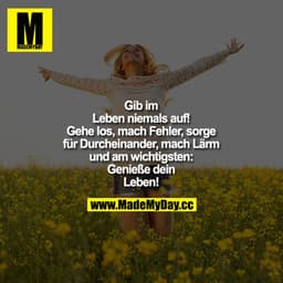 Gib im Leben niemals auf! Gehe los, mach Fehler, sorge für Durcheinander, mach Lärm und am wichtigsten: Genieße dein Leb