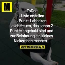 ToDo:
- Liste erstellen
- Punkt 1 abhaken
- Sich freuen, das schon 2 Punkte abgehakt sind und zur Belohnung ein kleines 
