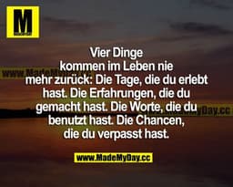 Vier Dinge kommen im Leben nie mehr zurück: Die Tage, die du erlebt hast. Die Erfahrungen, die du gemacht hast. Die Wort
