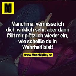 Manchmal vermisse ich dich wirklich sehr, aber dann fällt mir plötzlich wieder ein, wie scheiße du in Wahrheit bist!