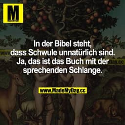 In der Bibel steht, dass Schwule unnatürlich sind. Ja, das ist das Buch mit der sprechenden Schlange.