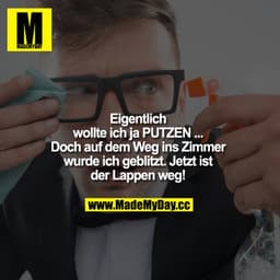 Eigentlich wollte ich ja PUTZEN ...
Doch auf dem Weg ins Zimmer wurde ich geblitzt. Jetzt ist der Lappen weg!