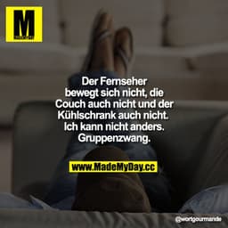 Der Fernseher bewegt sich nicht, die Couch auch nicht und der Kühlschrank auch nicht. Ich kann nicht anders. Gruppenzwan