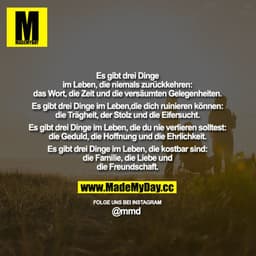 Es gibt drei Dinge im Leben, die niemals zurückkehren: das Wort, die Zeit und die versäumten Gelegenheiten.
Es gibt drei