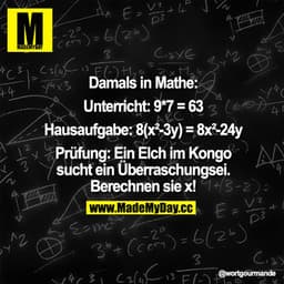 Damals in Mathe:
Unterricht: 9*7=63
Hausaufgabe: 8(x2-3y)=8x2--24y
Prüfung: Ein Elch im Kongo sucht ein Überraschungsei.