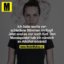 Ich hatte sechs verschiedene Stimmen im Kopf. Jetzt sind es nur noch fünf.
Den Moralapostel hab ich nämlich im Alkohol e