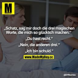 "Schatz, sag mir doch die drei magischen Worte, die mich so glücklich machen."
"Du hast recht."
"Nein, die anderen drei.