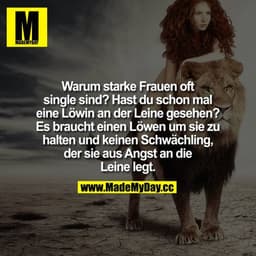 Warum starke Frauen oft Single sind?
Hast Du schon mal eine Löwin an der Leine gesehen?
Es braucht einen Löwen um Sie zu