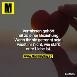 Vermissen gehört mit zu einer Beziehung. Wenn ihr nie getrennt seid, wisst ihr nicht, wie stark eure Liebe ist.