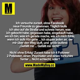 Ich versuche zurzeit, ohne Facebook neue Freunde zu gewinnen.
Täglich laufe ich also auf die Straße und schreie um mich 