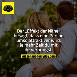 Der „Effekt der Nähe"
besagt, dass eine Person
umso attraktiver wird,
je mehr Zeit du mit
ihr verbringst.
wissen.mademyd