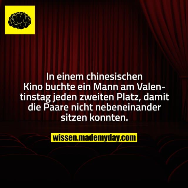 In einem chinesischen Kino buchte ein Mann am Valentinstag jeden zweiten Platz, damit die Paare nicht nebeneinander sit…