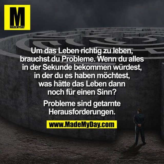 Um das Leben richtig zu leben, brauchst du Probleme. Wenn du alles in der Sekunde bekommen würdest, in der du es haben möchtest, was hätte das Leben denn dann noch für einen Sinn?
Probleme sind getarnte Herausforderungen. - Inspiration, Zitate & Sprüche | MadeMyDay | Jetzt entdecken & teilen Um das Leben richtig zu leben, brauchst du Probleme. Wenn du alles in der Sekunde bekommen würdest, in der du es haben möchtest, was hätte das Leben denn dann noch für einen Sinn?
Probleme sind getarnte Herausforderungen. - Inspirierendes Zitat mit Bild