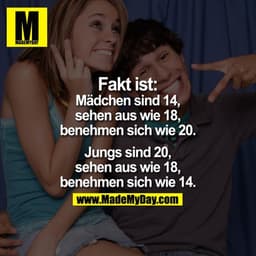 Fakt ist: 

Mädchen sind 14, Sehen aus wie 18, Benehmen sich wie 20.

Jungs sind 20, Sehen aus wie 18, Benehmen sich wie