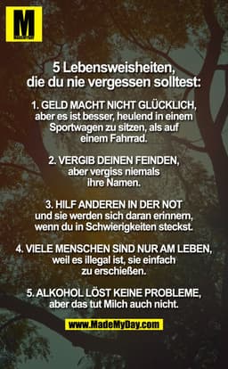 5 Lebensweisheiten, die du nie vergessen solltest:

1. GELD MACHT NICHT GLÜCKLICH
Aber es ist besser, heulend in einem S