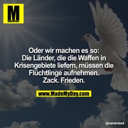 Oder wir machen es so: Die Länder, die die Waffen in Krisenge­biete liefern, müssen die Flüchtlinge aufnehmen. Zack. Fri