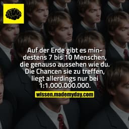 Auf der Erde gibt es mindestens 7 bis 10 Menschen, die genauso aussehen wie du. Die Chancen sie zu treffen, liegt allerd