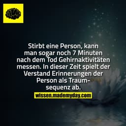 Stirbt eine Person, kann man sogar noch 7 Minuten nach dem Tod Gehirnaktivitäten messen. In dieser Zeit spielt der Verst