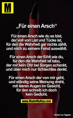 „Für einen Arsch“


Für einen Arsch wie du es bist,
der voll von List und Tücke ist,
für den die Wahrheit gar nichts zäh