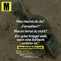 Was machst du da?

"Fernsehen?"

Warum lernst du nicht?

"Ein guter Krieger weiß, wann eine Schlacht verloren ist."