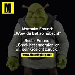 Normaler Freund:
"Wow, du bist so hübsch!"

Bester Freund:
"Shrek hat angerufen, er will sein Gesicht zurück."