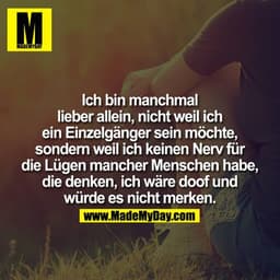 Ich bin manchmal lieber alleine nicht, weil ich ein Einzelgänger sein möchte, sondern weil ich keinen Nerv für die Lügen