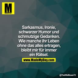 Sarkasmus, Ironie,
schwarzer Humor und
schmutzige Gedanken.
Wie manche ihr Leben
ohne das alles ertragen,
bleibt mir für