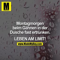 Montagmorgen beim Gähnen in der Dusche fast ertrunken.

LEBEN AM LIMIT!