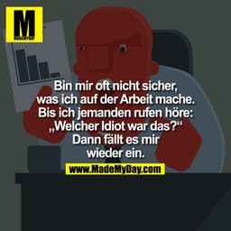 Bin mir oft nicht sicher, was ich auf der Arbeit mache. Bis ich jemanden rufen höre: "Welcher Idiot war das?" Dann fällt