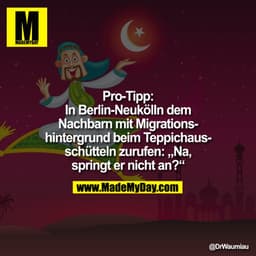 Pro-Tipp:
In Berlin-Neukölln dem
Nachbarn mit Migrationshintergrund beim Teppichausschütteln zurufen: „Na,
springt er ni