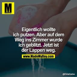 Eigentlich wollte
ich putzen. Aber auf dem
Weg ins Zimmer wurde
ich geblitzt. Jetzt ist
der Lappen weg.
@ChrisCarino