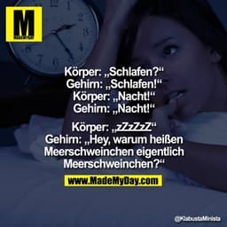Körper: „Schlafen?"
Gehirn:„Schlafen!"
Körper: „Nacht!"
Gehirn:„Nacht!"

Körper: „zZzZzZ"
Gehirn:„Hey, warum heißen Meer