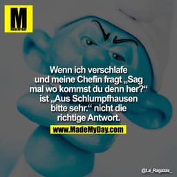 Wenn ich verschlafe und meine Chefin fragt "Sag mal wo kommst du denn her?" ist "Aus Schlumpfhausen bitte sehr" nicht di