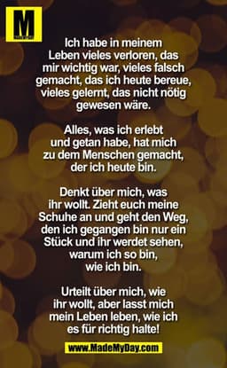 Ich habe in meinem Leben vieles verloren, das mir wichtig war, vieles falsch gemacht, das ich heute bereue, vieles geler