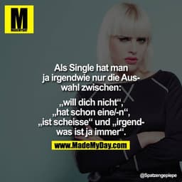 Als Single hat man ja irgendwei nur die Auswahl zwischen, "will dich nicht", hat schon eine/-n", "ist scheisse" und "irg