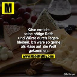 Käse erreicht seine nötige Reife und Würze durch liegenbleiben. 
Ich wäre so gerne als Käse auf
 die Welt gekommen.