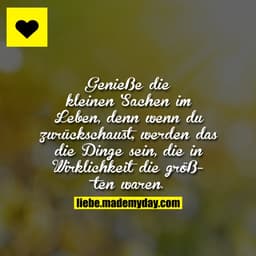 Genieße die kleinen Sachen im Leben, denn wenn du zurückschaust werden das die Dinge sein, die in Wirklichkeit die größt