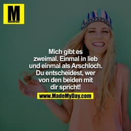 Mich gibt es zweimal. Einmal in Lieb und einmal als Arschloch. Du entscheidest, wer von den beiden mit dir spricht!
