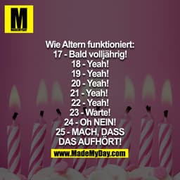 Wie Altern funktioniert:
17 - Bald Volljährig!
18 - Yeah!
19 - Yeah!
20 - Yeah!
21 - Yeah! 
22 - Yeah!
23 - Warte!
24 - 