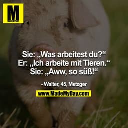 Sie: "Was arbeitest du?"
Er: "Ich arbeite mit Tieren."
Sie: "Aaww, so süss!!"
- Walter, 45, Metzger