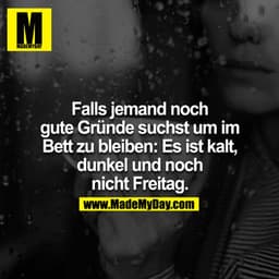 Falls jemand noch
gute Gründe suchst um im
Bett zu bleiben: Es ist kalt,
dunkel und noch
nicht Freitag.