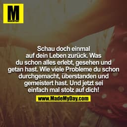 Schau doch einmal auf dein Leben zurück. Was du schon alles erlebt, gesehen und getan hast. Wie viele Probleme du schon 